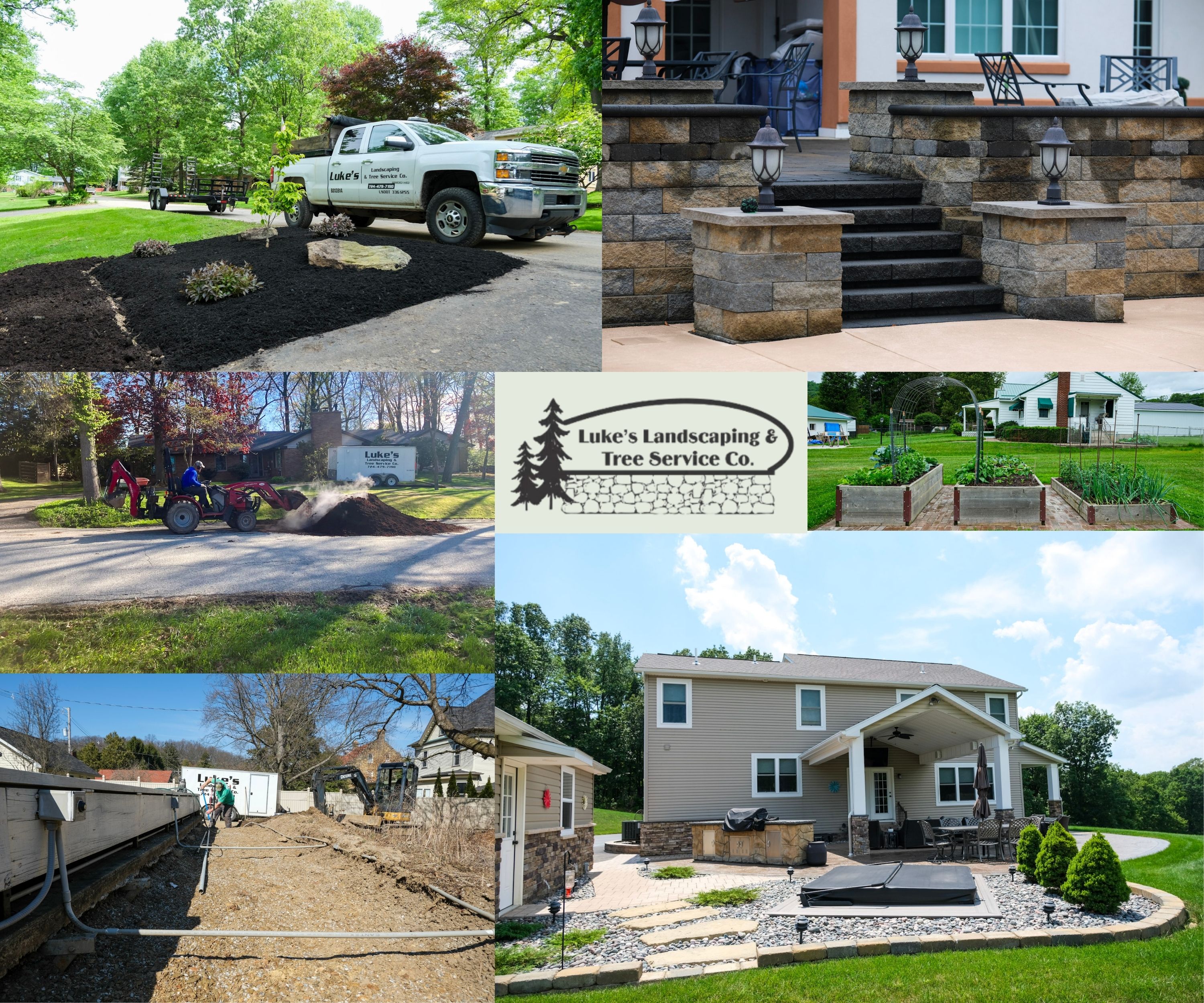 Luke's Landscaping project montage: mulch beds, stone hardscape steps, tractor delivery, raised garden beds, and finished patio work